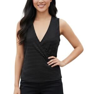 Banana Republic Factory Mock Overlap Blouse Size Medium Black Pinstriped